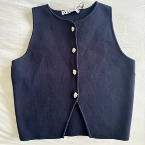 Navy cropped Zara top with silver rock-shaped buttons (they unbutton fully)